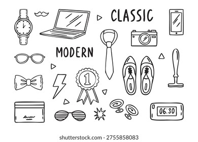 Modern classic icon set with alarm cardholder phone camera laptop tie shoes glasses lightning bow tie watch cufflinks stars mustache words modern classic line art monochrome hand drawn. Vector