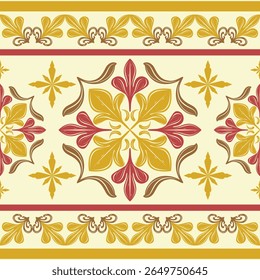 Modern Classic Medieval Decorative Autumn Inspired Red and Gold Maple Leaf Elegance Rich Scroll Geometric Ornament Seamless Border Pattern. Warm Adorable Ultra Luxury Embroidery Fabric Textile Mosaic