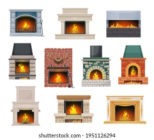 Modern And Classic Open Hearth Fireplaces Set. Fireplace With Stone, Brick And Marble Mantel Decorated Ceramic Tiles, Deer Antler And Stucco Elements, Flaming Fire, Firewood Chunks Cartoon Vector