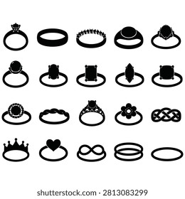 Modern and classic ring designs including bands, solitaires, and symbols