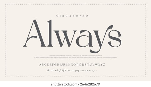 Modern and classic sans serif font with a unique style and fancy look. This typeface is perfect for an elegant luxury logo, book or movie title design, fashion brand, magazine, clothes.