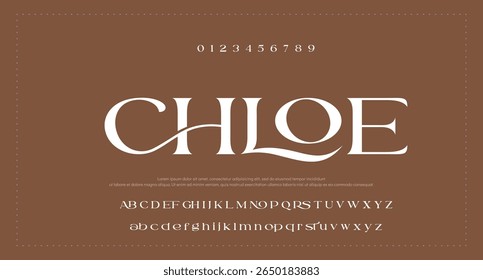 Modern and classic sans serif font with a unique style and fancy look. This typeface is perfect for an elegant luxury logo, book or movie title design, fashion brand, magazine, clothes.