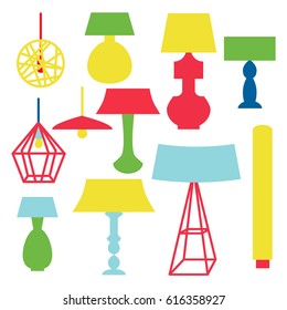 Modern and classic set of lamps. Flat furniture decoration isolated on white background