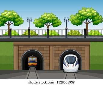 Modern and classic train scene illustration