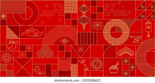 Banner clásico moderno geométrico tradicional chino. Vector plano lunar decoración de Año Nuevo de China. Diseño fundamental para tarjetas, invitaciones y medios sociales. Fondo de vacaciones.