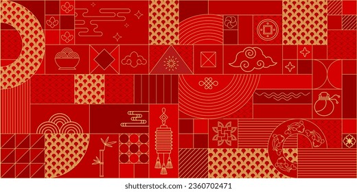 Modern classical geometric traditional chinese banner. Flat vector lunar China New Year decoration. Ornamental design for card, invitation and social media. Holiday background.