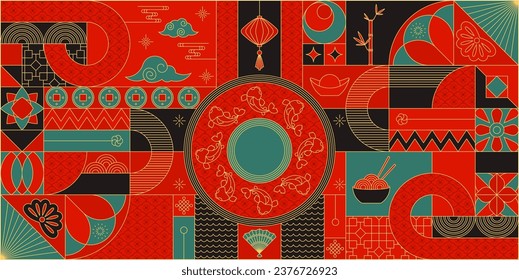 Modern classical geometric traditional chinese banner. Flat vector lunar China New Year decoration. Ornamental design for card, invitation and social media. Holiday background.