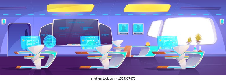 Modern classroom with futuristic furniture and supplies. Empty studying area on space ship with digital blackboard, hologram monitors on desks, neon glowing illumination. Cartoon vector illustration