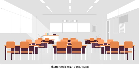 Modern Classroom Interior Empty No People School Class Room With Board And Desks Flat Horizontal