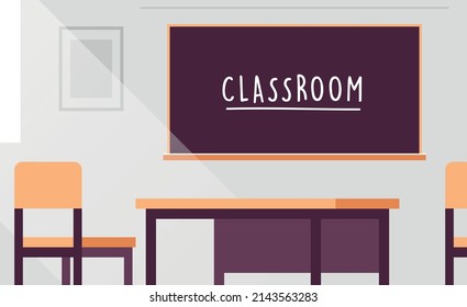 Modern Classroom Interior And Empty No People School Classroom With Board And Desks Flat Vector Illustration.