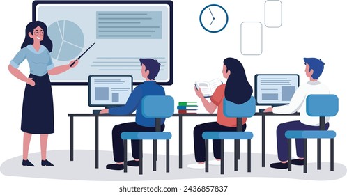 A Modern classroom scene with a teacher engaging a group of students. Students using computers and printed materials while the teacher employs a digital presentation.