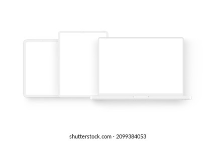 Modern Clay Devices, Laptop and Tablets with Blank Screens, Mockup. Vector Illustration