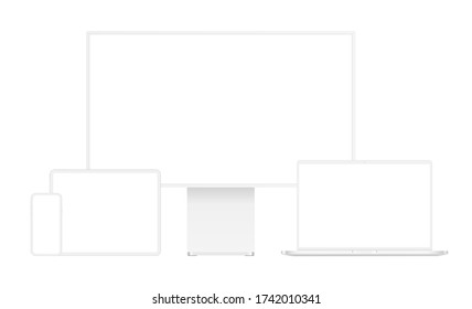 Modern Clay Devices Mockups: Desktop PC, Laptop, Tablet Computer, Smartphone. Vector Illustration