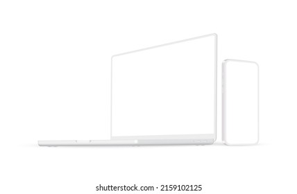 Modern Clay Laptop and Cellphone Mockup With Perspective Side View, Isolated on White Background. Vector illustration