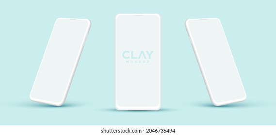Modern clay smartphone mockup with different angles. Blank screen isolated device on blue background. Mock up for mobile applications or web page designs.
