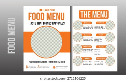 Um moderno e limpo modelo de menu de comida A4 editável de 2 páginas projetado para restaurantes, cafés, bistros e empresas de alimentos. O layout apresenta seções organizadas para entradas, principais, sobremesas.