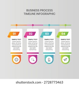 Design infográfico moderno e limpo de 4 etapas para processos empresariais com elementos coloridos e layout mínimo. Ideal para estratégia de negócios, processo de fluxo de trabalho, planejamento de inicialização, apresentação corporativa, análise de marketing, gerenciamento de projetos e visualização de dados profissionais. Perfeito para apresentações, relatórios, sites e uso comercial.