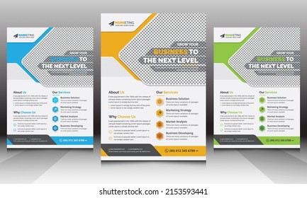 Modern Clean A4 Corporate Flyer Template with Blue, Yellow, Green Color, Creative Unique Standard Professional Business Mailer, Leaflet Design Concept for Marketing and Multipurpose Use