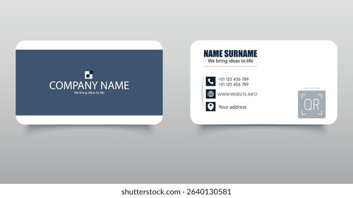 Modern and clean business card template with rounded corners and QR code placeholder. Ideal for professionals and corporate branding.