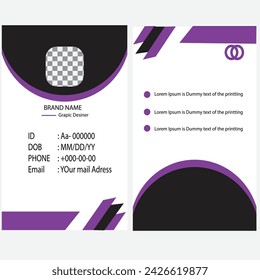 Modern and clean business id card template. professional id card design template with black violet color. corporate modern business id card design template. Company employee id card template.