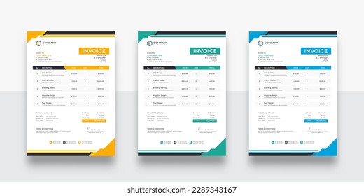 modern and clean business invoice template. color variation creative invoice Template Paper Sheet Include Accounting, Price, Tax, and Quantity. With color variation Vector illustration of Finance

