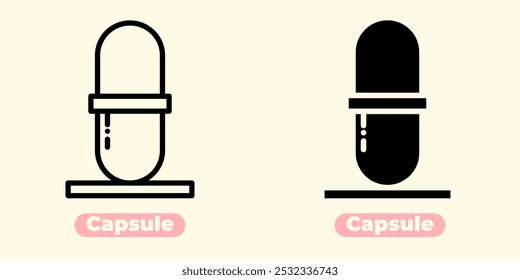 Icono de cápsula moderno y limpio, perfecto para diseños médicos, farmacéuticos y relacionados con el bienestar. Esta Ilustración vectorial minimalista cuenta con una cápsula de píldora elegante.