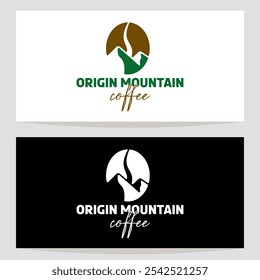 Moderno e limpo café loja logotipo design vetor consistindo de grãos de café e montanhas