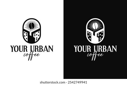 Modern and clean coffee shop logo design vector consisting of coffee beans and urban buildings