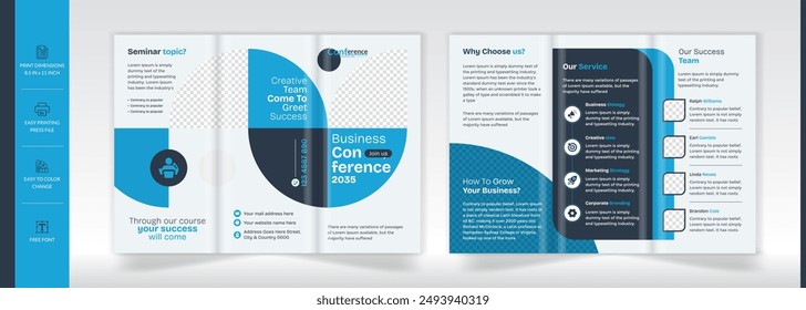 Modern and clean conference trifold brochure template. Creative event brochure design