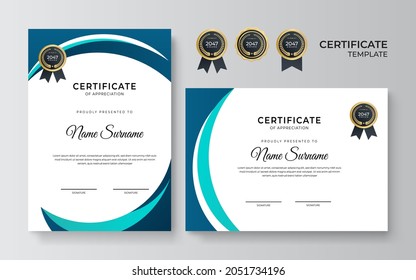 Modern clean dan simple blue green certificate template on white background. Certificate of achievement template with gold badge for online course, webinar, seminar, education diploma, business needs