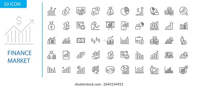 A modern and clean finance market icon set featuring concepts like stock market, investment, banking, cryptocurrency, profit growth, and financial analytics. Perfect for mobile apps, dashboards, websi