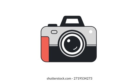 Icono de diseño plano moderno y limpio de una cámara digital en colores gris, negro y rojo para temas de Fotografía.