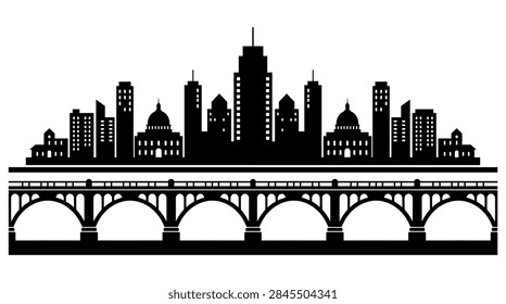 A modern and clean flat design vector illustration of the Pittsburgh, Pennsylvania skyline in a symmetrical layout. This graphic features simplified silhouettes of skyscrapers and bridges representing the urban landscape of the city, suitable for commercial projects.