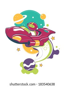 Modern and clean flat style illustration for kids, portraying a spaceman looking for adventure inside his futuristic vehicle