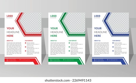 Modernes, sauberes Flyer Design, Vektorset für Unternehmen in A4 Papiergröße. Werbung für kreatives Vektorgrafik-Seitenlayout. rote grüne blaue Farbflyer-Design-Vorlage.