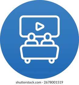 Um ícone moderno e limpo que representa o ato de assistir a um filme, perfeito para interfaces digitais, aplicativos e sites. Apresenta elementos cinematográficos.