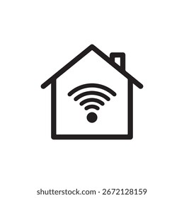 Eine moderne, saubere Ikone, die Smart-Home-Technologie und Automatisierung darstellt. Dieses Design verfügt über ein stilisiertes Haus mit integrierten Technologieelementen, präsentiert in einer eindrucksvollen Silhouette.