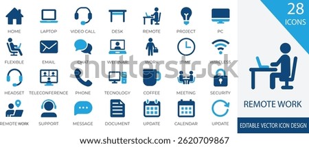 A modern and clean icon set representing remote work and virtual office concepts. Includes icons for video conferencing, laptops, time tracking, online communication and document sharing