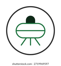 Uma ilustração moderna e limpa apresenta um disco voador simplificado, usando linhas verdes contra um pano de fundo branco. O design do ofício enfatiza o minimalismo, com um campo de contenção circular, tornando