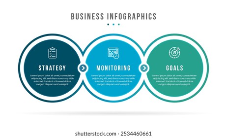 Plantilla de infografía moderna y limpia que muestra tres pasos: estrategia, monitoreo y objetivos. Ideal para presentaciones de negocios, planificación de proyectos y seguimiento del rendimiento.