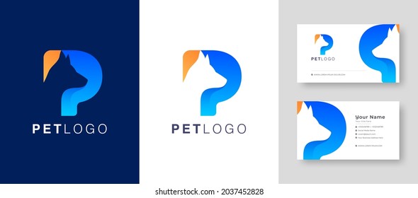 Modern Clean Initial Lettering Mark P Letter with Pet, Dog, Cat, and animal with Premium Business Card Vector illustration