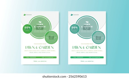 Modern and clean lawn and garden flyer design with vibrant colors, eco-friendly themes, and nature-inspired elements, perfect for landscaping, gardening, and outdoor services promotion.