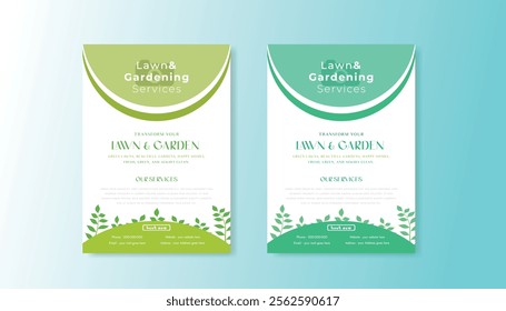 Modern and clean lawn and garden flyer design with vibrant colors, eco-friendly themes, and nature-inspired elements, perfect for landscaping, gardening, and outdoor services promotion.