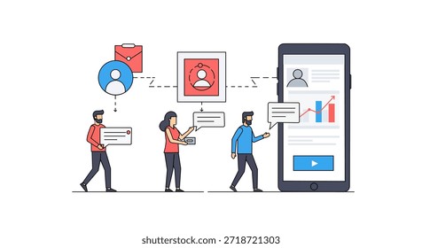 A modern, clean line art vector illustration depicting a business or marketing concept. It shows three characters (team) interacting with data, profiles, and communication elements, all connected to a large smartphone displaying charts and a mobile app interface. Ideal for web design, landing pages, business presentations, and educational materials related to social media, data analysis, and digital strategy.