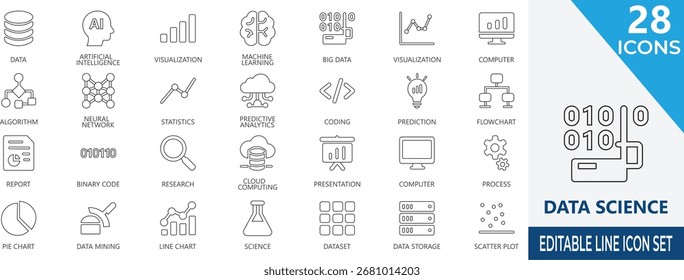 Conjunto de ícones de linha moderno e limpo que ilustra os conceitos de ciência de dados, IA e análise. Perfeito para aplicativos, sites e apresentações focadas em Big Data e inovação digital.