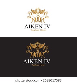 A modern and clean logo design featuring a horse silhouette inside a water droplet, symbolizing veterinary hydration and medical care. A cross icon enhances the health-related Black and white 