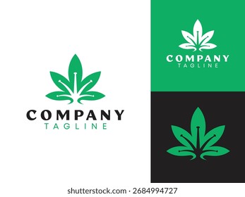 Un diseño de logotipo moderno y limpio con una hoja de cannabis integrada con Elementos tecnológicos, apta para diversos negocios.