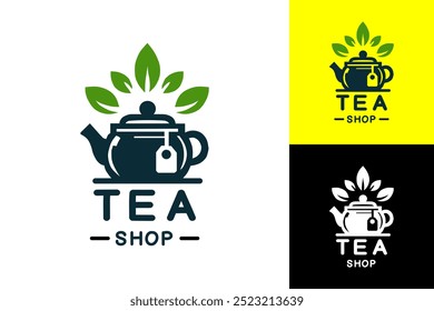 A modern and clean logo design for a tea shop, featuring a simple teapot icon with a tea bag hanging above it. Above the teapot is a stylized green leaf, symbolizing natural ingredients and freshness