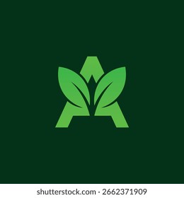 Ein modernes und sauberes Logo mit dem Buchstaben "A" mit zwei Blättern. Die dunkelgrüne Farbpalette suggeriert natürliches, nachhaltiges und organisches Wachstum mit einer professionellen und zuverlässigen Ästhetik.