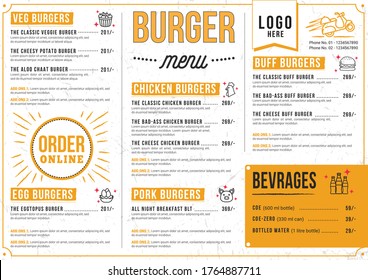 Modern and clean looking Burger and Lettuce Menu Card Design template, front an back, three-fold Vector, completely editable for Restaurant and fast food
